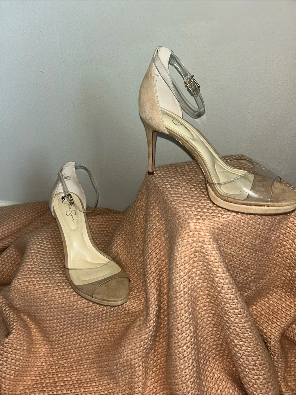 NEW Jessica Simpson Daisile Pump Nude Clear-Strap Stiletto Sandals Sz 8.5